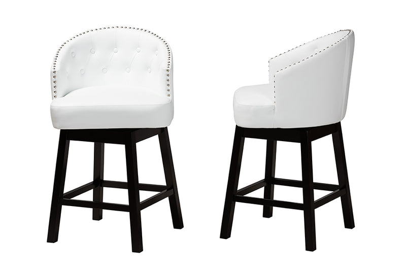 Juliet 2pcs White Faux Leather Espresso Brown Finished Wood Swivel Counter Stool iHome Studio