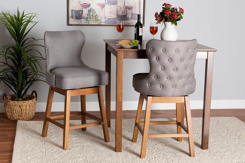 Jane 2pcs Gray Fabric Walnut Brown Finished Wood Swivel Counter Stool iHome Studio