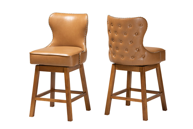 Jane 2pcs Tan Faux Leather Walnut Brown Finished Wood Swivel Counter Stool iHome Studio