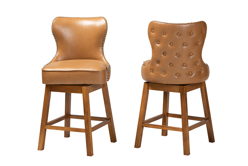 Jane 2pcs Tan Faux Leather Walnut Brown Finished Wood Swivel Counter Stool iHome Studio