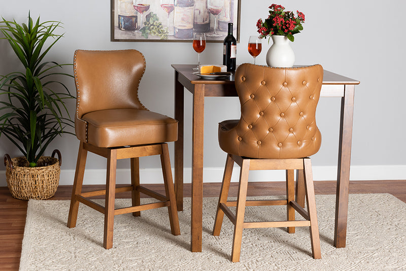 Jane 2pcs Tan Faux Leather Walnut Brown Finished Wood Swivel Counter Stool iHome Studio