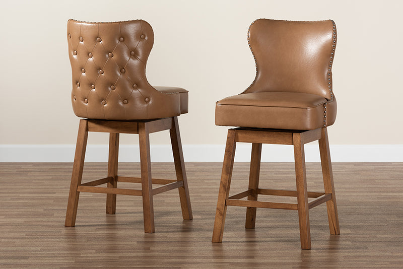 Jane 2pcs Tan Faux Leather Walnut Brown Finished Wood Swivel Counter Stool iHome Studio