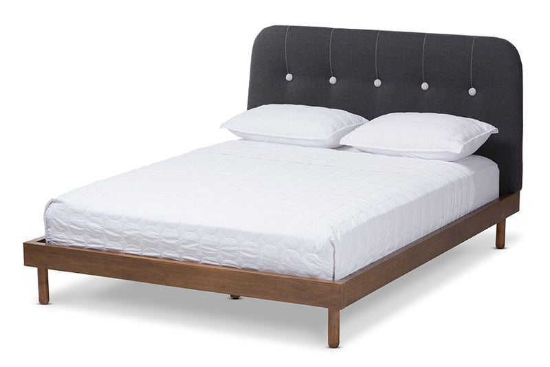 Sadie Dark Grey Fabric & Walnut Brown Finished Wood Platform Bed (Queen) iHome Studio