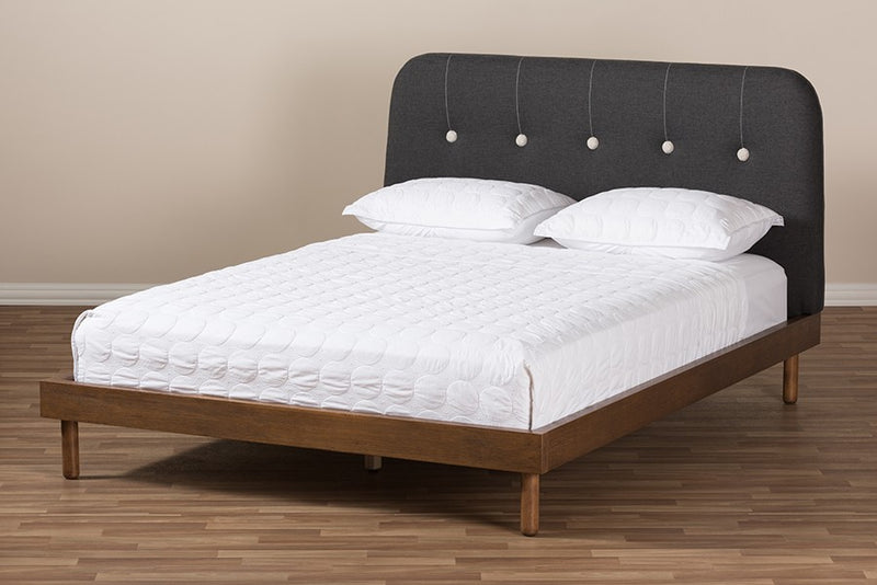 Sadie Dark Grey Fabric & Walnut Brown Finished Wood Platform Bed (King) iHome Studio