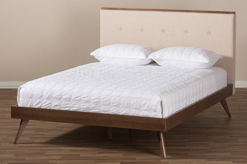 Bella Light Beige Fabric & Walnut Brown Finished Wood Platform Bed (Full) iHome Studio