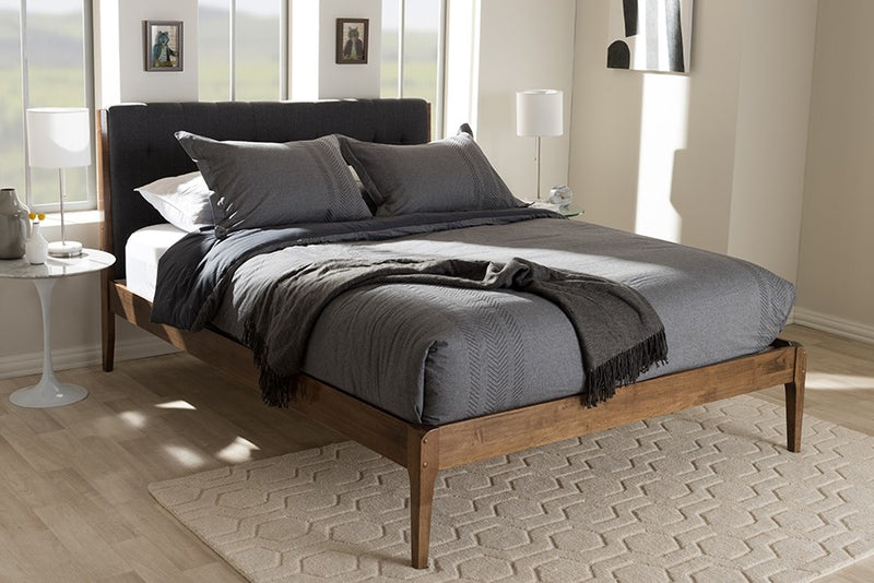 Clifford Dark Grey Fabric & Brown Finish Wood Platform Bed w/Tapered Legs (Full) iHome Studio