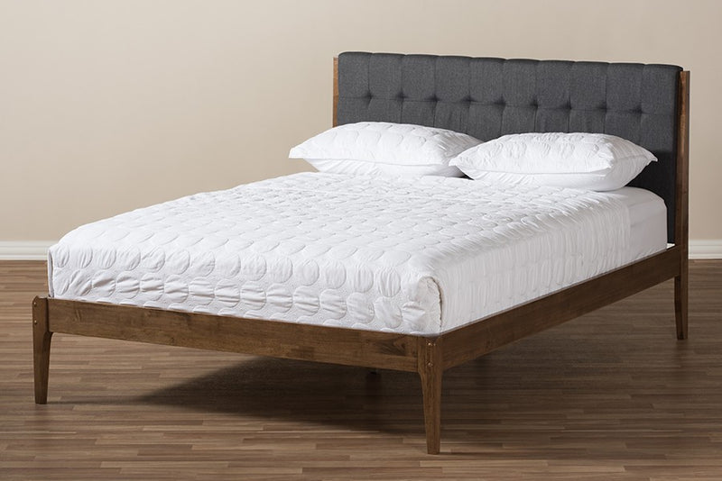 Clifford Dark Grey Fabric & Brown Finish Wood Platform Bed w/Tapered Legs (Queen) iHome Studio