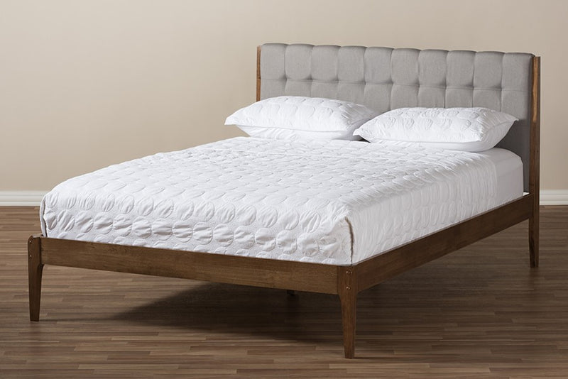 Clifford Light Grey Fabric & Brown Finish Wood Platform Bed w/Tapered Legs (Queen) iHome Studio