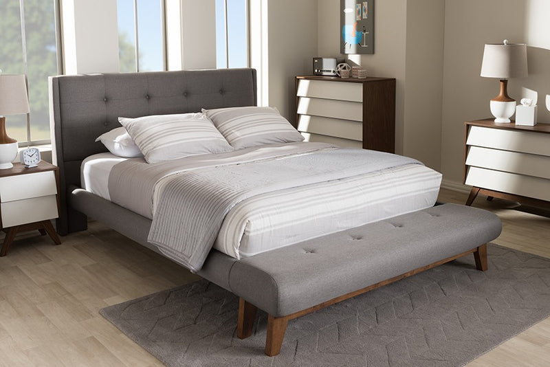 Reena Grey Fabric Platform Bed w/Built-In Footboard Bench (Full) iHome Studio