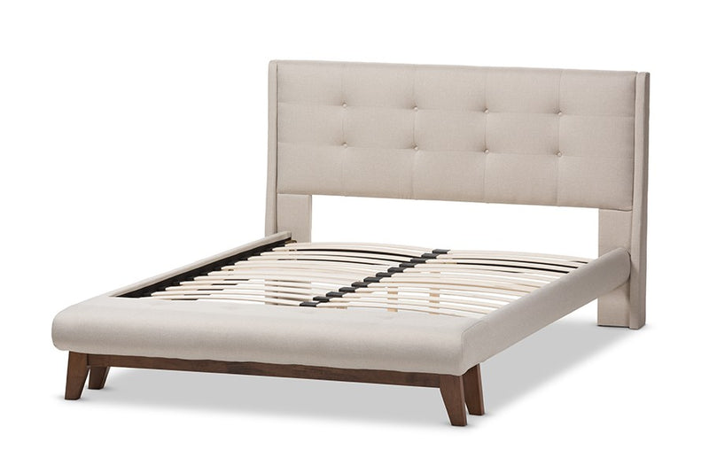 Reena Light Beige Fabric Platform Bed w/Built-In Footboard Bench (Full) iHome Studio