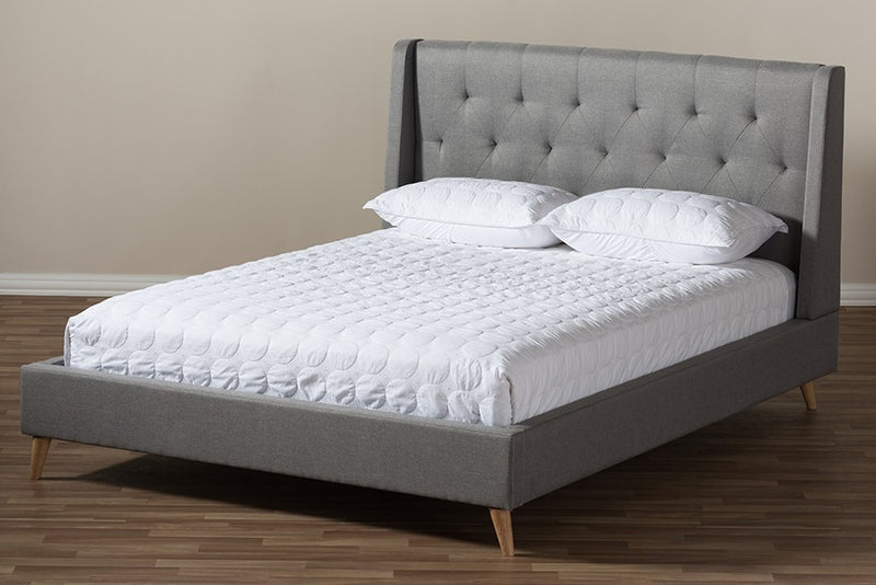 Adelaide Light Grey Fabric Platform Bed w/Button Tufted Headboard (Full) iHome Studio