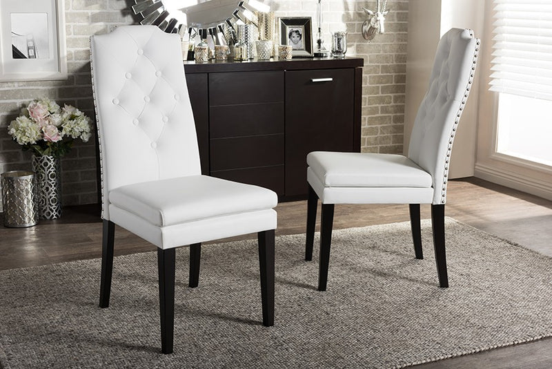 Dylin White Faux Leather Button-Tufted Nail heads Trim Dining Chair - 2pcs iHome Studio