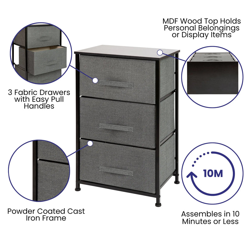 3 Drawer Vertical Storage Dresser w/Dark Grey Easy Pull Fabric Drawers iHome Studio