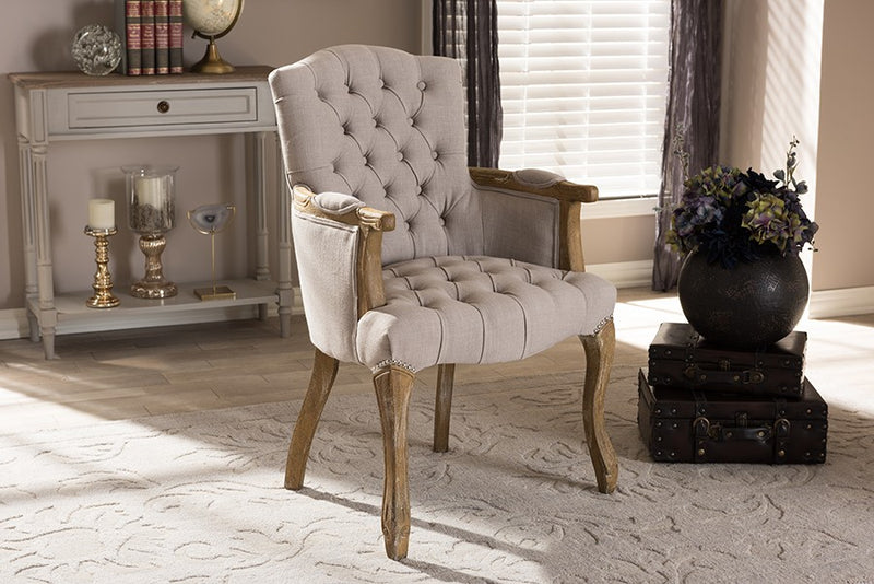 Clemence French Provincial Weathered Oak Beige Linen Upholstered Armchair - 1pc iHome Studio