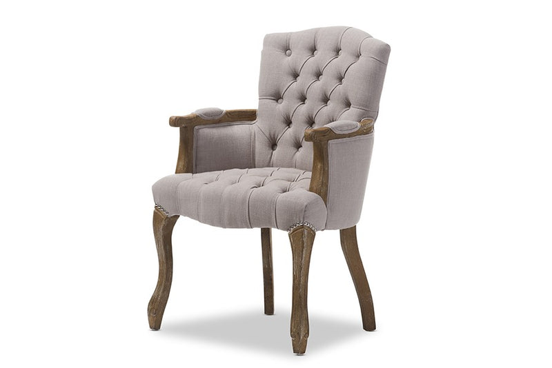 Clemence French Provincial Weathered Oak Beige Linen Upholstered Armchair - 1pc iHome Studio