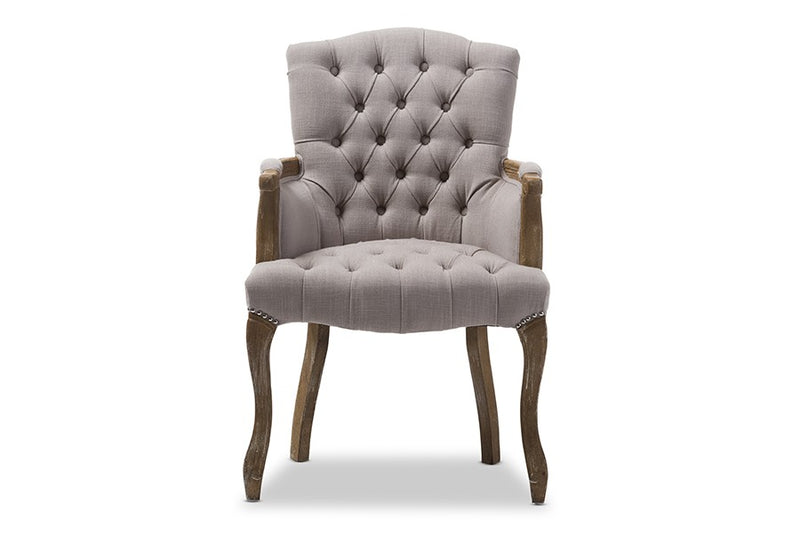 Clemence French Provincial Weathered Oak Beige Linen Upholstered Armchair - 1pc iHome Studio