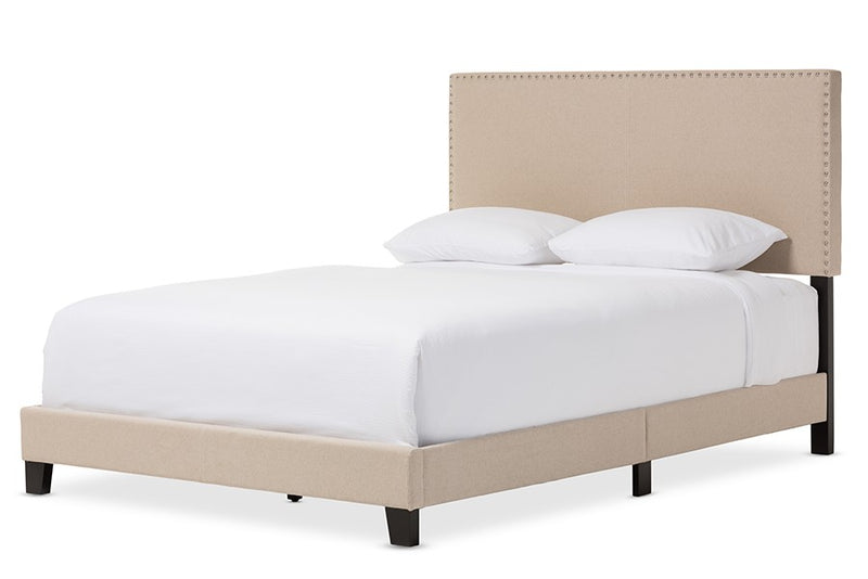 Ramon Beige Linen Upholstered Box Spring Bed w/Nail Heads (Queen) iHome Studio