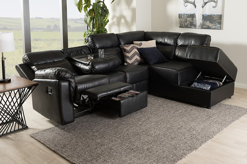Roland 2pcs Black Faux Leather Sectional w/Recliner & Storage Chaise iHome Studio
