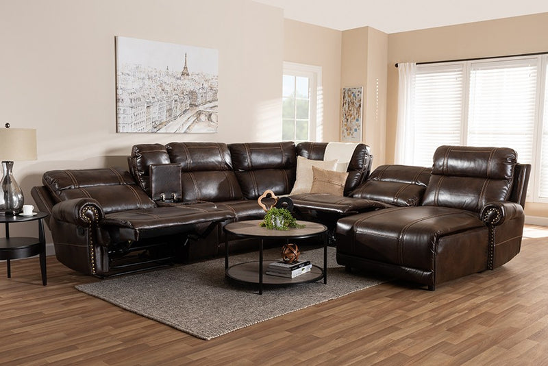 Dacio Modern and Contemporary Brown Faux Leather Upholstered 6-Piece Sectional Recliner Sofa with 2 Reclining Seats iHome Studio