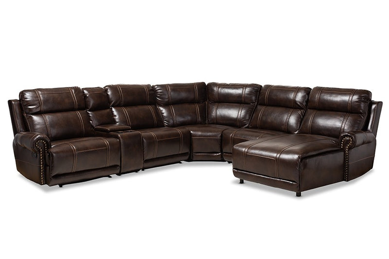 Dacio Modern and Contemporary Brown Faux Leather Upholstered 6-Piece Sectional Recliner Sofa with 2 Reclining Seats iHome Studio