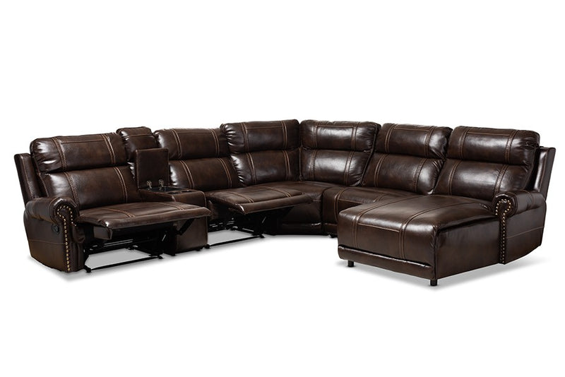 Dacio Modern and Contemporary Brown Faux Leather Upholstered 6-Piece Sectional Recliner Sofa with 2 Reclining Seats iHome Studio