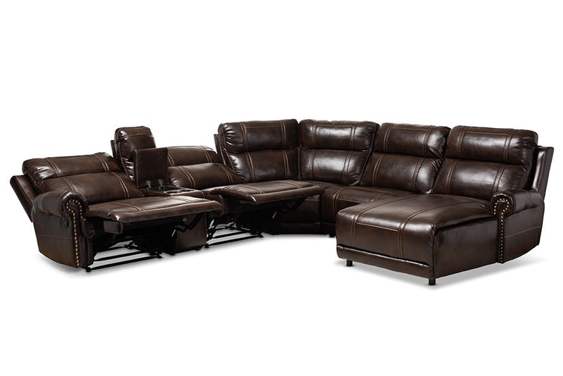 Dacio Modern and Contemporary Brown Faux Leather Upholstered 6-Piece Sectional Recliner Sofa with 2 Reclining Seats iHome Studio