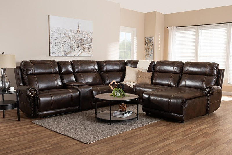 Dacio Modern and Contemporary Brown Faux Leather Upholstered 6-Piece Sectional Recliner Sofa with 2 Reclining Seats iHome Studio