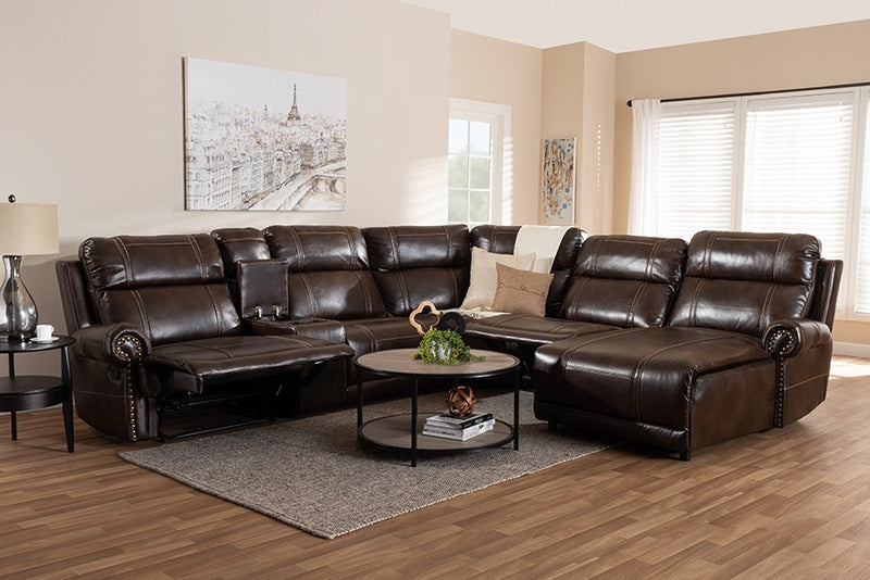 Dacio Modern and Contemporary Brown Faux Leather Upholstered 6-Piece Sectional Recliner Sofa with 2 Reclining Seats iHome Studio