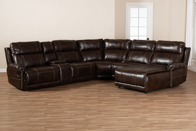 Dacio Modern and Contemporary Brown Faux Leather Upholstered 6-Piece Sectional Recliner Sofa with 2 Reclining Seats iHome Studio