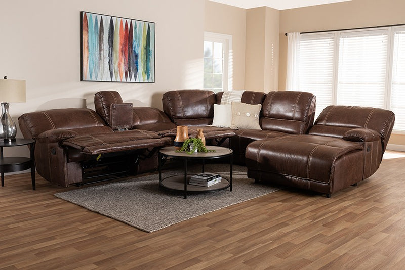 Salomo Modern and Contemporary Brown Faux Leather Upholstered 6-Piece Sectional Recliner Sofa with 3 Reclining Seats iHome Studio