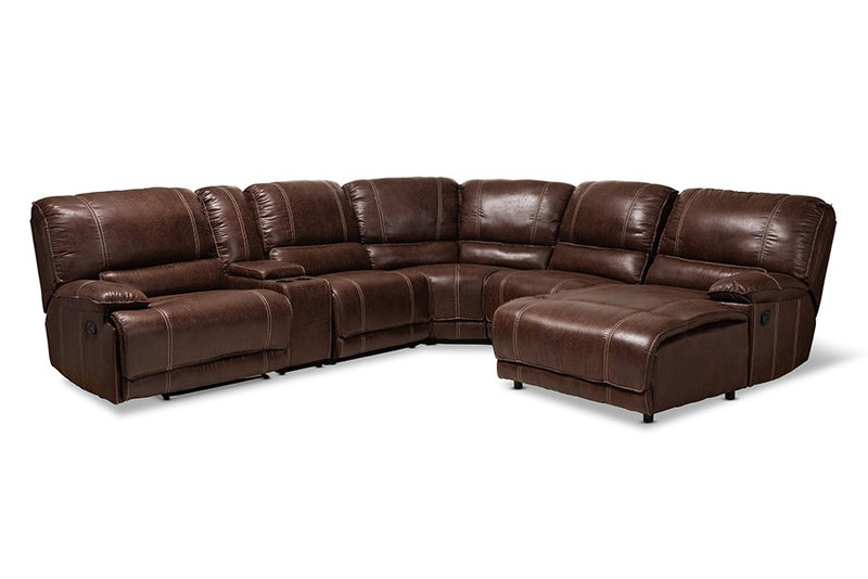 Salomo Modern and Contemporary Brown Faux Leather Upholstered 6-Piece Sectional Recliner Sofa with 3 Reclining Seats iHome Studio