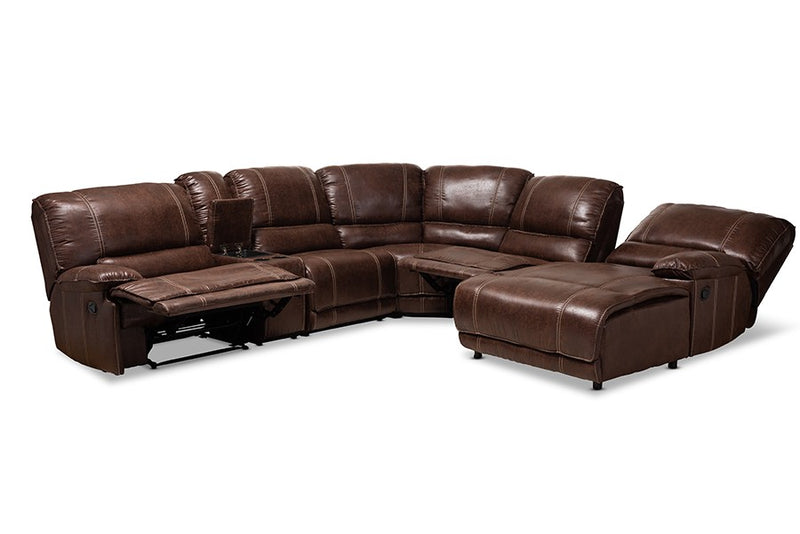 Salomo Modern and Contemporary Brown Faux Leather Upholstered 6-Piece Sectional Recliner Sofa with 3 Reclining Seats iHome Studio