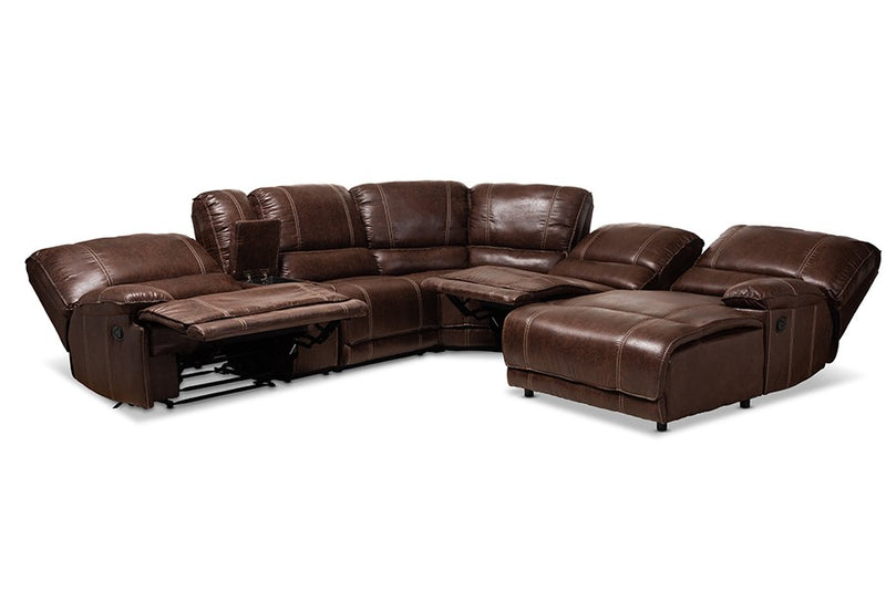 Salomo Modern and Contemporary Brown Faux Leather Upholstered 6-Piece Sectional Recliner Sofa with 3 Reclining Seats iHome Studio