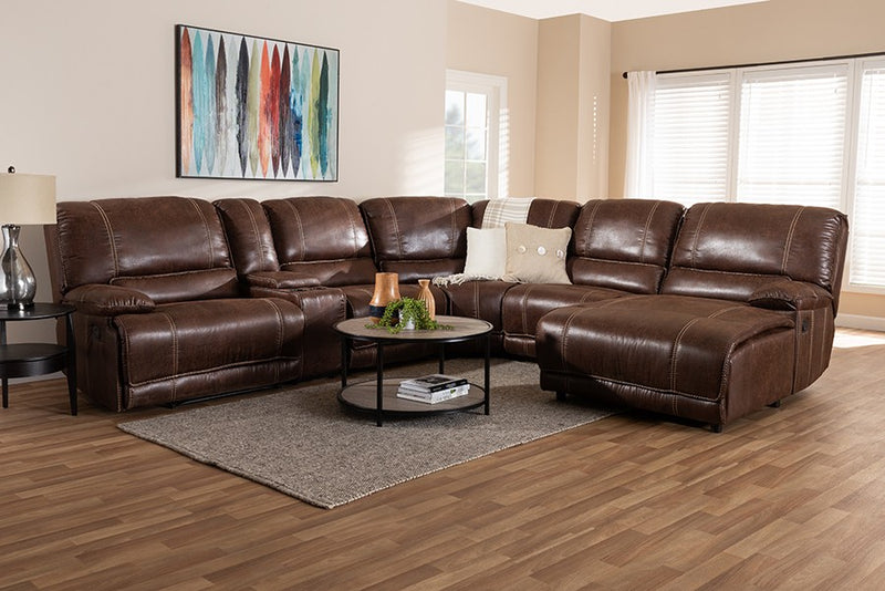 Salomo Modern and Contemporary Brown Faux Leather Upholstered 6-Piece Sectional Recliner Sofa with 3 Reclining Seats iHome Studio