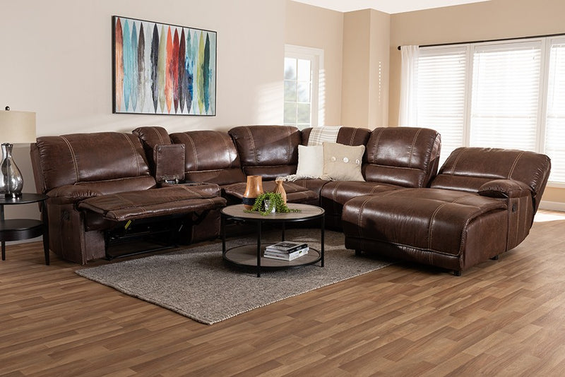 Salomo Modern and Contemporary Brown Faux Leather Upholstered 6-Piece Sectional Recliner Sofa with 3 Reclining Seats iHome Studio