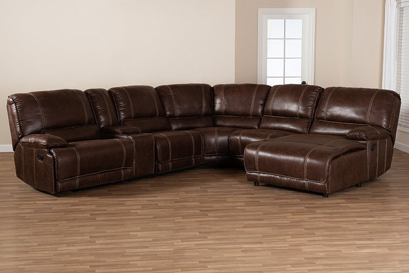 Salomo Modern and Contemporary Brown Faux Leather Upholstered 6-Piece Sectional Recliner Sofa with 3 Reclining Seats iHome Studio