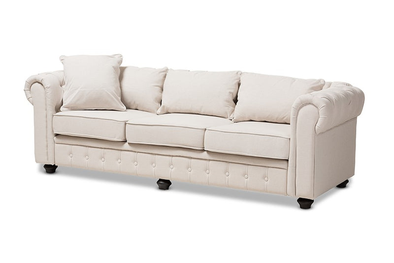 Alaise Beige Linen Tufted Scroll Arm Chesterfield Sofa iHome Studio