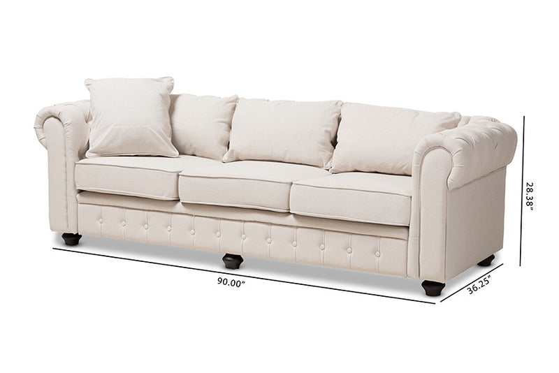 Alaise Beige Linen Tufted Scroll Arm Chesterfield Sofa iHome Studio