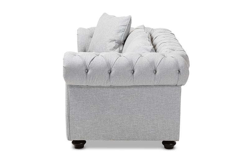 Alaise Grey Linen Tufted Scroll Arm Chesterfield Loveseat iHome Studio