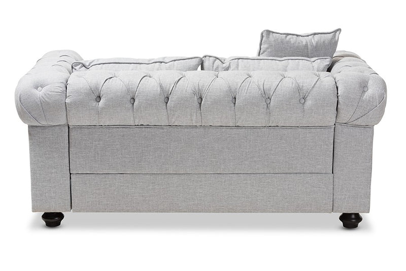 Alaise Grey Linen Tufted Scroll Arm Chesterfield Loveseat iHome Studio