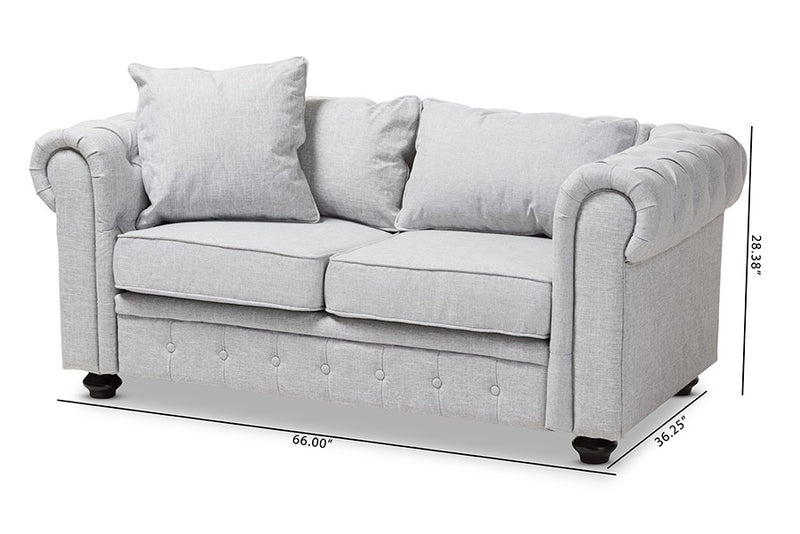 Alaise Grey Linen Tufted Scroll Arm Chesterfield Loveseat iHome Studio