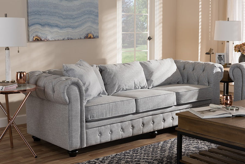 Alaise Grey Linen Tufted Scroll Arm Chesterfield Sofa iHome Studio