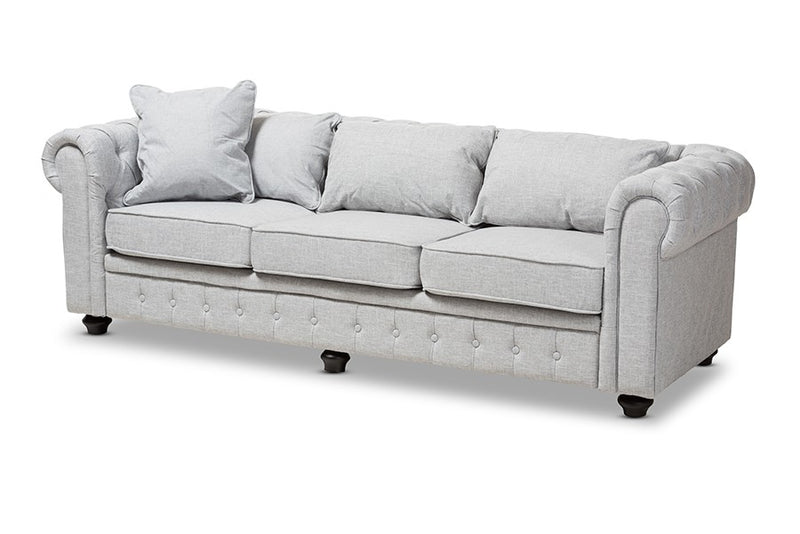 Alaise Grey Linen Tufted Scroll Arm Chesterfield Sofa iHome Studio