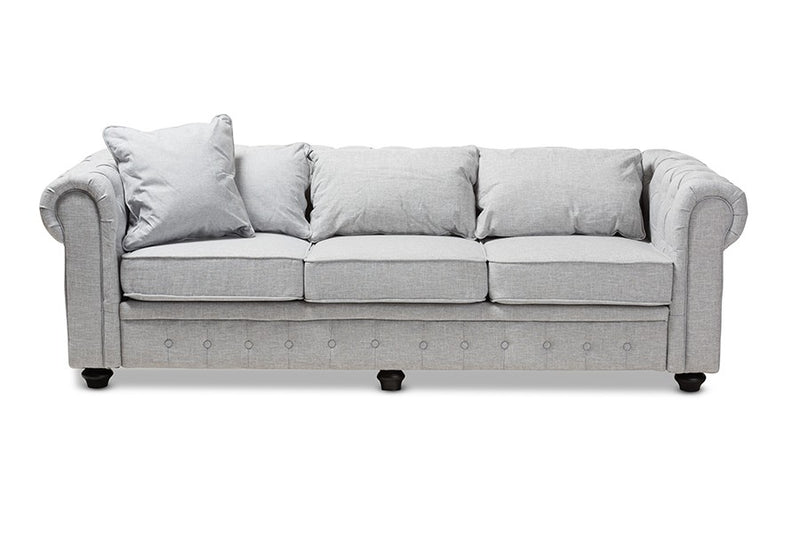 Alaise Grey Linen Tufted Scroll Arm Chesterfield Sofa iHome Studio