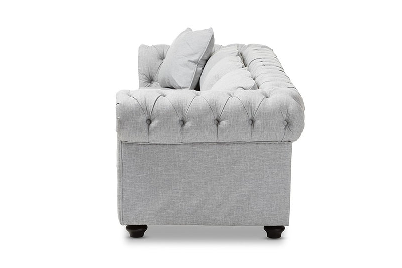 Alaise Grey Linen Tufted Scroll Arm Chesterfield Sofa iHome Studio