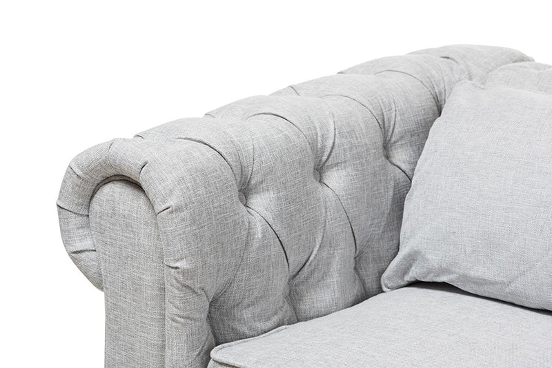 Alaise Grey Linen Tufted Scroll Arm Chesterfield Sofa iHome Studio