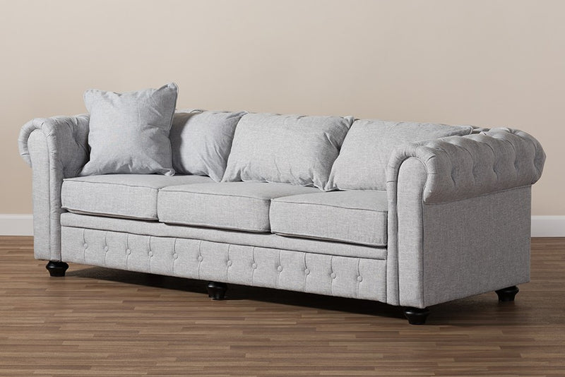 Alaise Grey Linen Tufted Scroll Arm Chesterfield Sofa iHome Studio