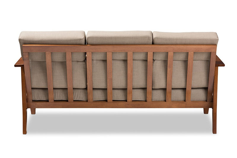 Larissa Brown Wood and Dark Beige Fabric High Back Cushioned 3-Seater Sofa iHome Studio