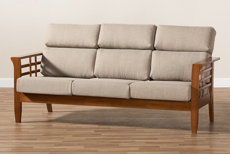 Larissa Brown Wood and Dark Beige Fabric High Back Cushioned 3-Seater Sofa iHome Studio