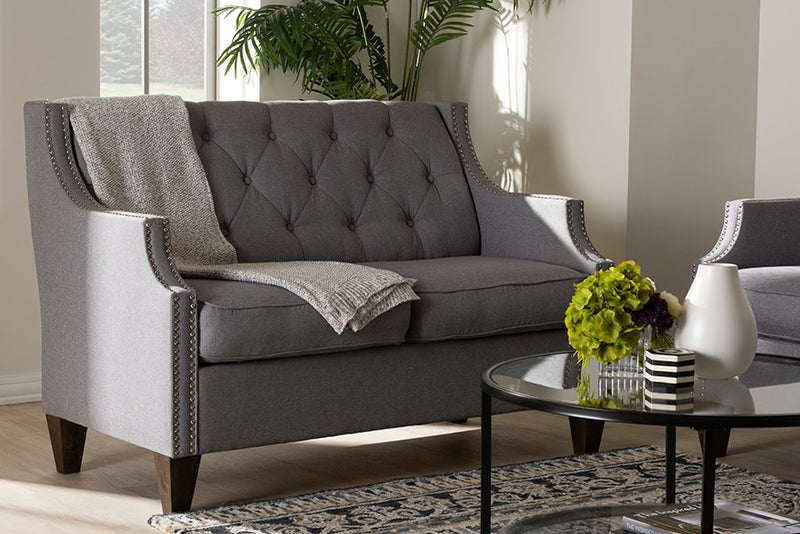 Celine Grey Fabric Upholstered Button-Tufted 2-Seater Loveseat iHome Studio